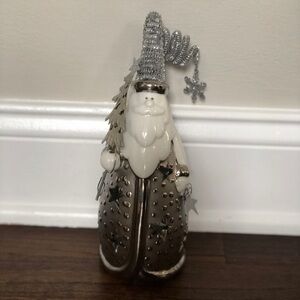 Pier 1 Imports 8” Silver/White Glittery Hat Santa Claus Tea Light Candle Holder
